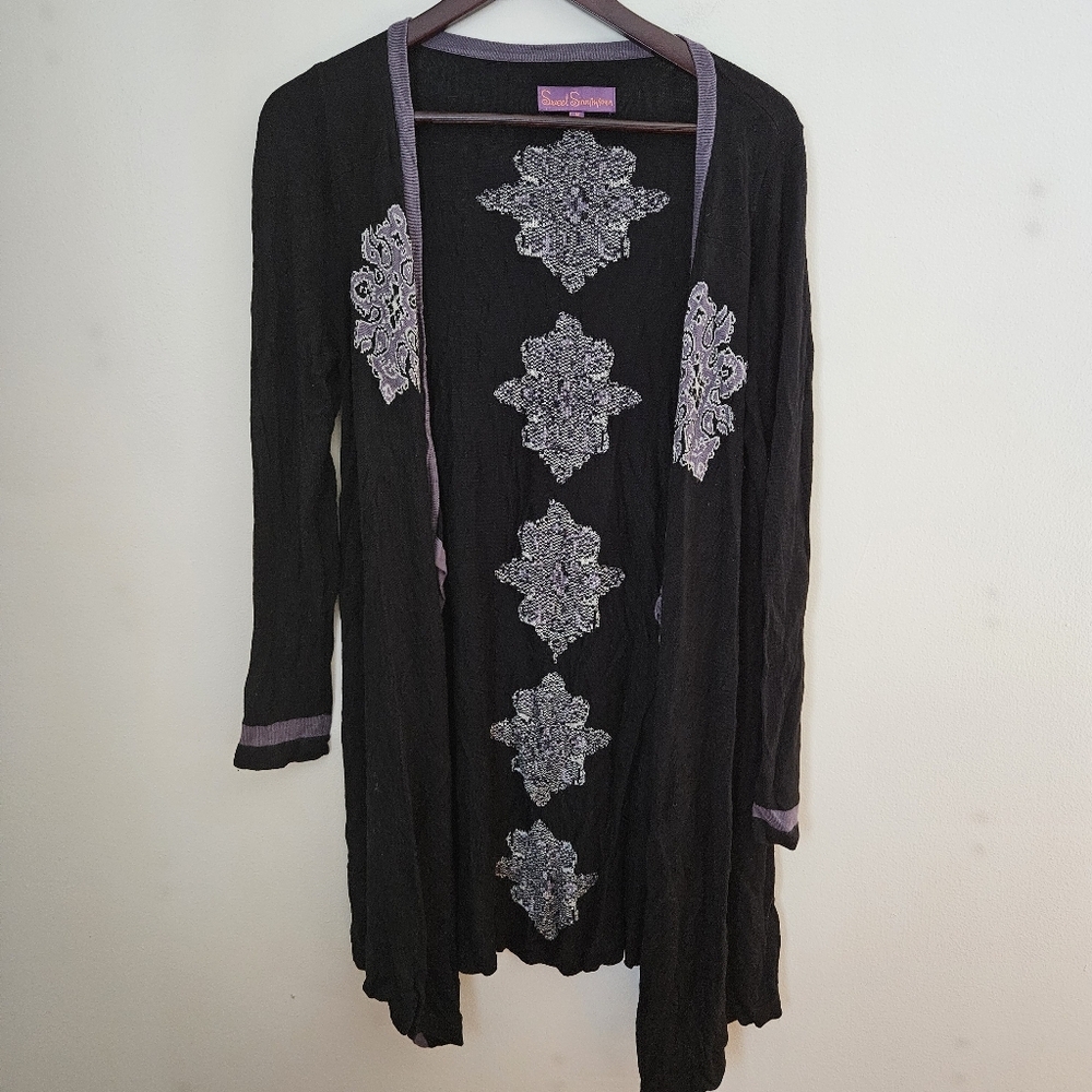 Sweet Sinammon Cardigan Black Purple White Long Sleeve Open Front Knit Casual - Picture 10 of 10
